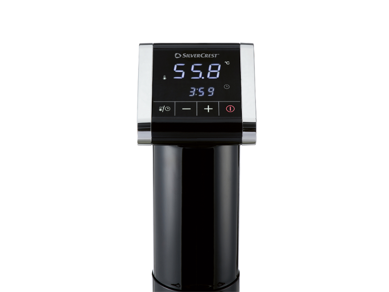 Appareil de cuisson intelligent avec affichage numérique montrant 55.8°C et l'heure 3:59.