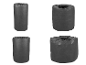 Quatre sacs de rangement cylindriques gris foncé avec fermetures à cordon, présentés sous différents angles.