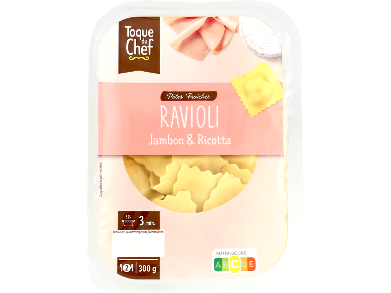 Paquet de raviolis frais jambon et ricotta, cuisson 3 minutes, 300g, Nutri-Score C.