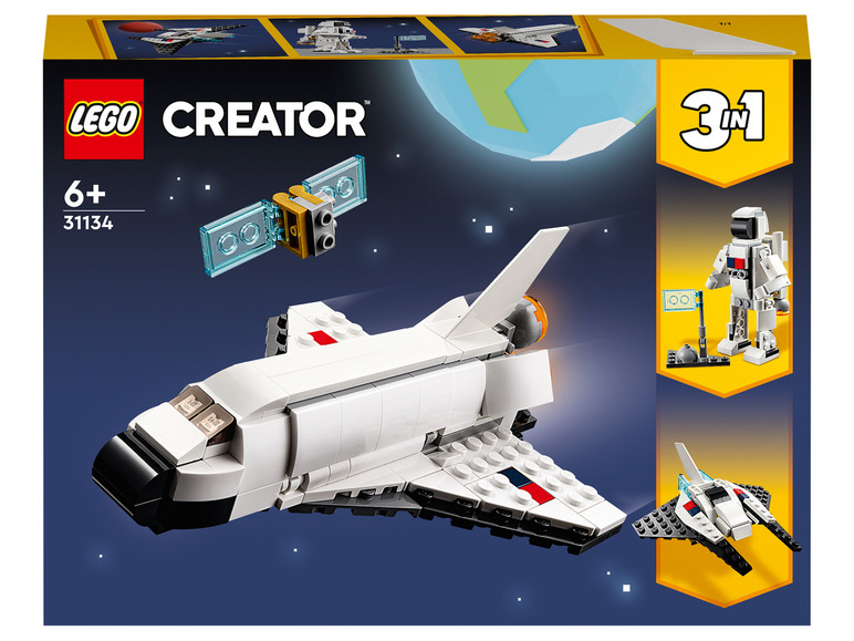Ensemble LEGO Creator 3 en 1 avec une navette spatiale, un satellite et un astronaute.