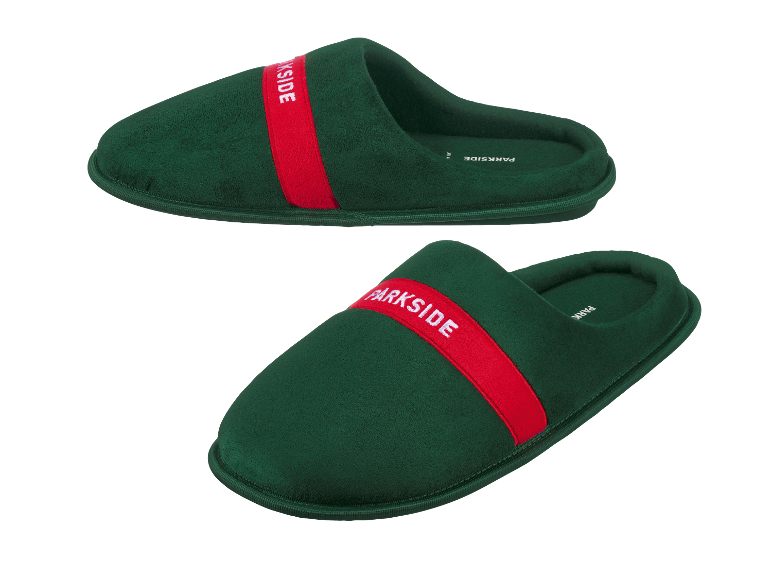 Pantoufles Parkside vertes avec bande rouge.