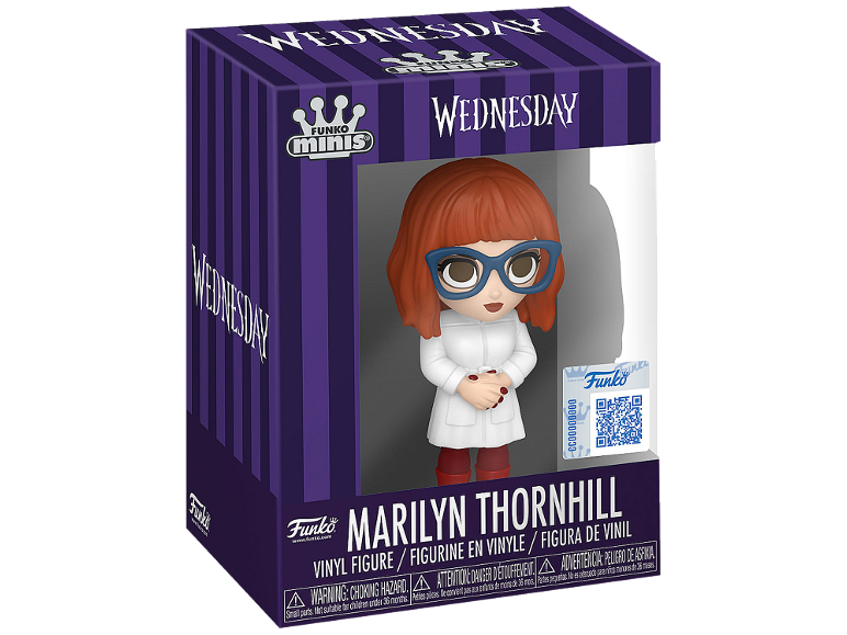 Figurine vinyle Wednesday Marilyn Thornhill, manteau blanc et lunettes bleues.