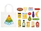 Sac avec pyramide alimentaire et divers jouets alimentaires, y compris du pain, du fromage, des fruits et des légumes.
