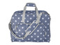 Un sac de voyage bleu avec des pois blancs et le logo Torrid.