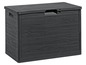 Une boîte de rangement noire en imitation bois.