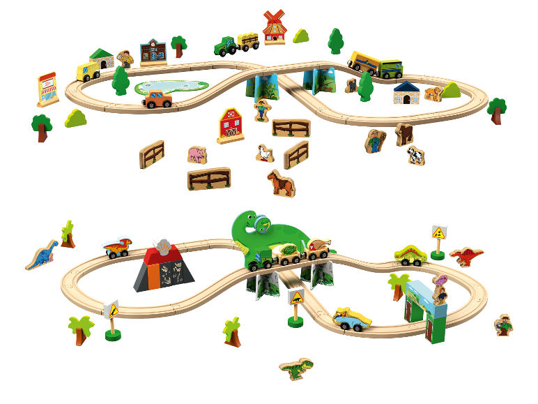 Ensemble de train en bois sur les thèmes de la ferme et des dinosaures, avec rails, véhicules et figurines.