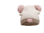Bonnet tricoté pour enfant avec deux pompons roses et un emblème de fleur rose.