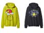 Deux sweats à capuche Grinch : un vert lime avec le Grinch portant un bonnet de Noël, l'autre bleu marine avec un logo Grinch.
