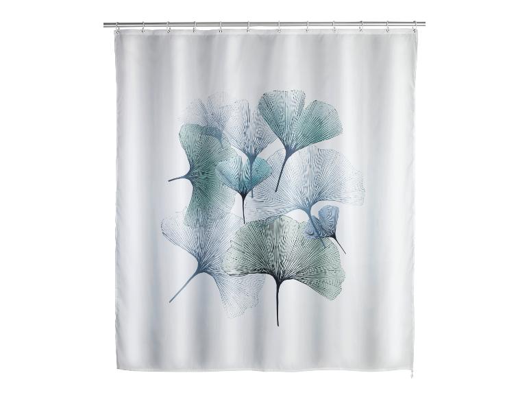 Rideau de douche blanc avec motif de feuilles de ginkgo bleues et vertes.