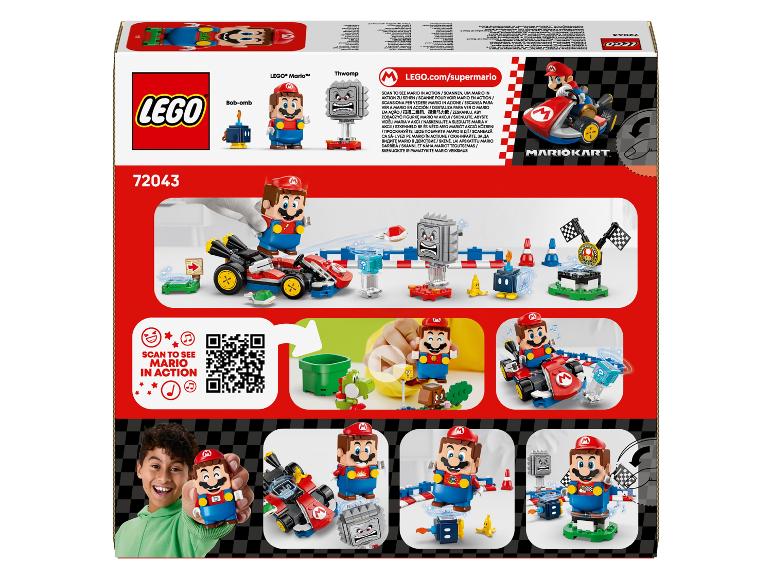 Ensemble de jouets sur le thème Mario Kart, incluant la figurine Mario, le véhicule et les accessoires de piste.