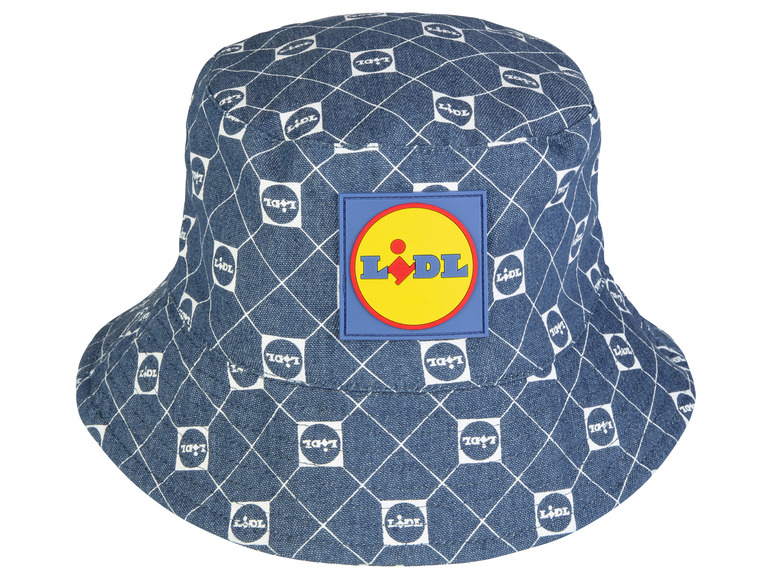 Un chapeau bob bleu avec le logo Lidl