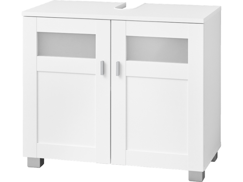 Meuble sous-lavabo blanc avec deux portes et verre dépoli.