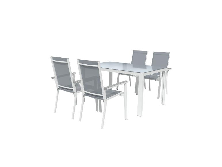Ensemble table et chaises de jardin : table blanche et quatre chaises grises en aluminium.