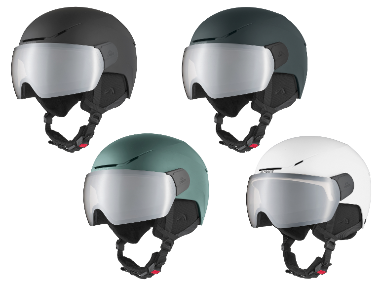 Quatre casques de ski et snowboard CRIVIT avec visière photochromique en noir, vert foncé, turquoise et blanc.