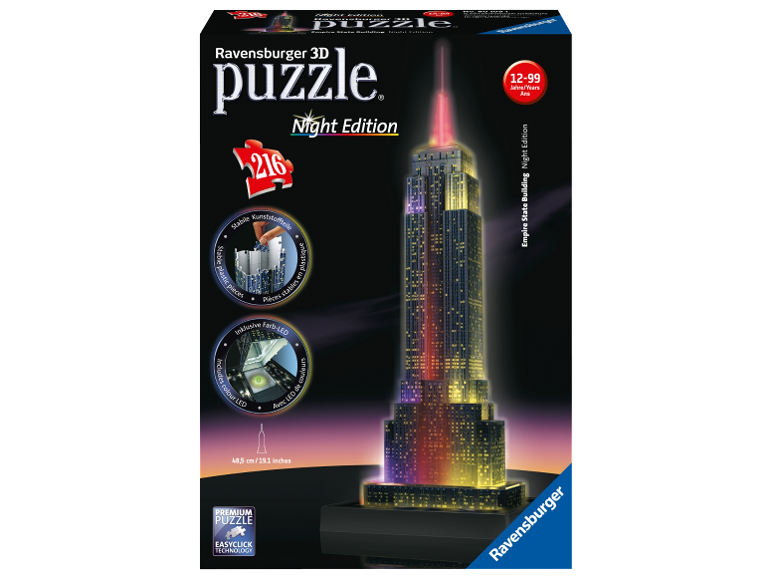 Puzzle Ravensburger 3D Night Edition Empire State Building avec 216 pièces en plastique et lumière LED.