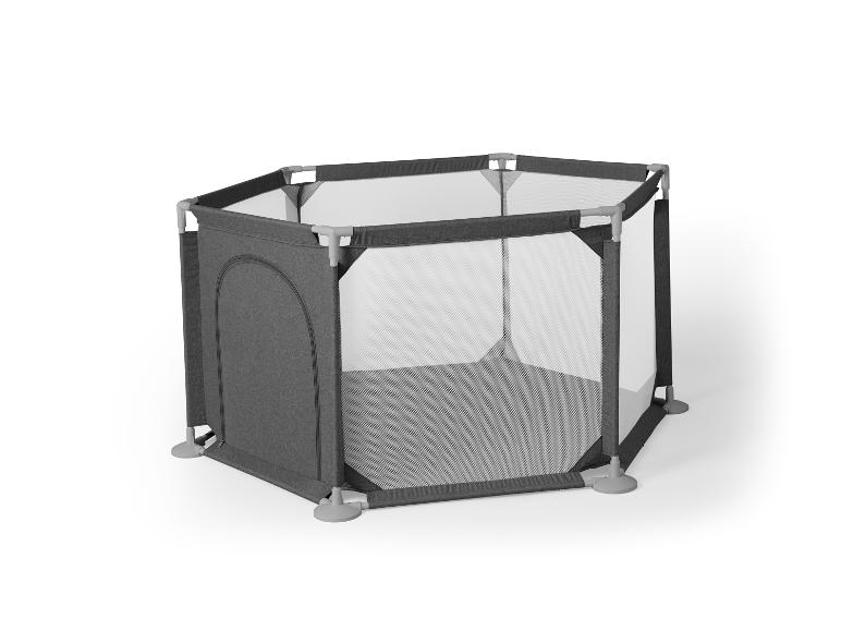Parc pour bébé hexagonal gris avec parois en maille et une porte zippée