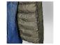 Détail d'une veste matelassée verte associée à du denim.