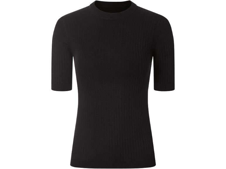 Haut en maille fine noir pour femme, à manches courtes et structure côtelée.