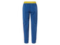 Pantalon de survêtement bleu avec une ceinture jaune et des bandes rouges.