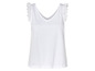 Top blanc sans manches avec col en V et détails en dentelle.