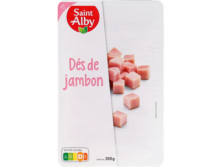 Jambon en dés emballé avec Nutri-Score A, 200g.