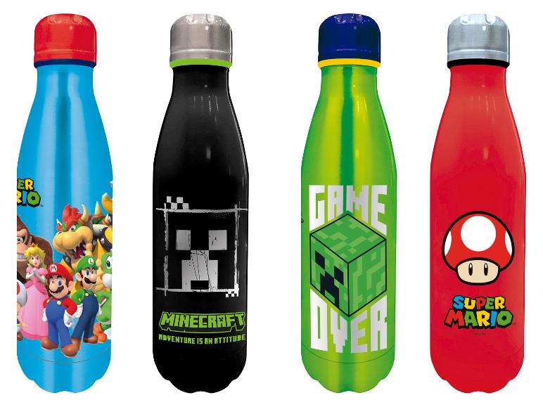 Quatre gourdes en acier inoxydable à thème jeux vidéo : Super Mario, Minecraft et Game Over.