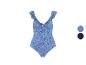 Maillot de bain une pièce bleu à motif floral et volants aux épaules