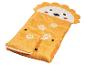 Sac de couchage enfant lion orange avec des empreintes de pattes.