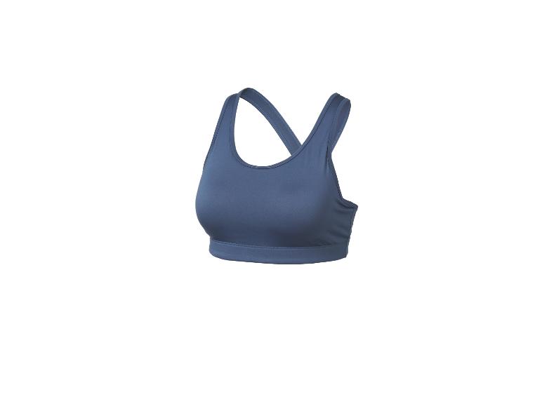 Soutien-gorge de sport bleu-gris avec bretelles croisées dans le dos.