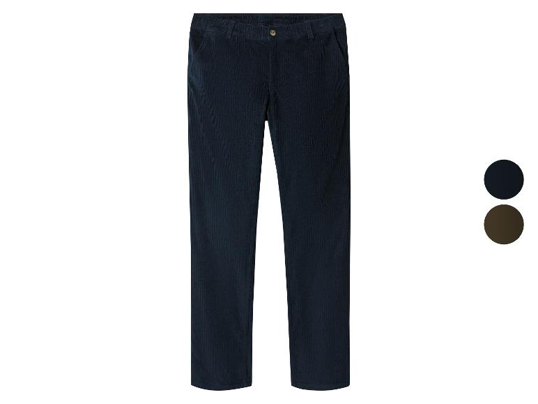 Pantalon en velours côtelé bleu marine avec deux options de couleur.