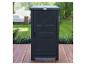 Armoire d'extérieur gris foncé avec design à lattes et logo HADAO sur une terrasse en bois.