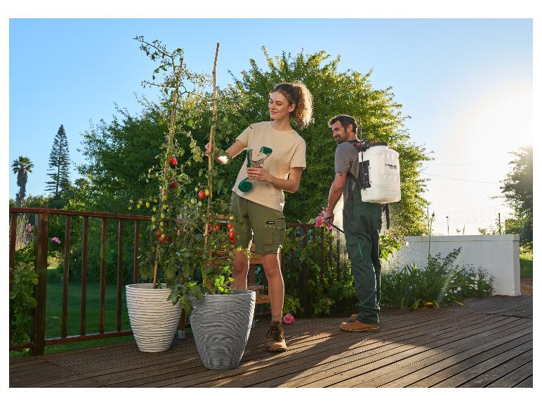 Femme s'occupant de tomates en pot et homme avec pulvérisateur dorsal sur la terrasse.