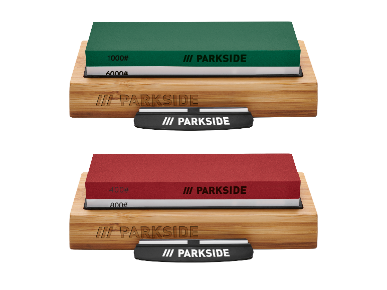 Ensemble de deux pierres à aiguiser Parkside avec support en bois.
