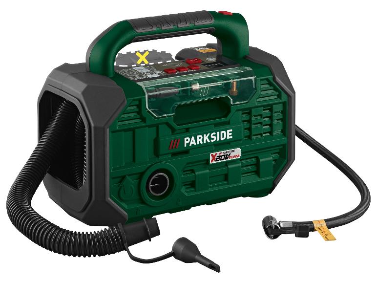 Compresseur et pompe PARKSIDE X 20V TEAM verts et noirs avec tuyaux et accessoires.