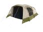 Grande tente de camping beige et vert olive avec entrée ouverte.