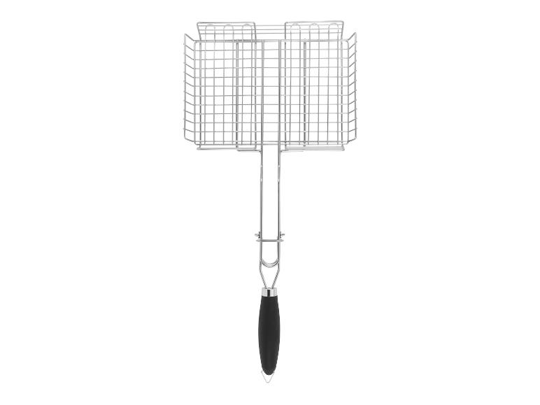 Panier de barbecue en métal avec poignée noire.