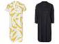Deux robes : une avec un imprimé abstrait jaune et une noire unie.