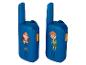 Deux talkie-walkies bleus pour enfants avec illustrations.