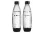 Deux bouteilles SodaStream transparentes, remplies d'eau gazeuse, avec des bases noires.