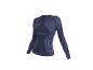 Maillot de sport à manches longues bleu foncé avec motifs géométriques rouges et gris clair.