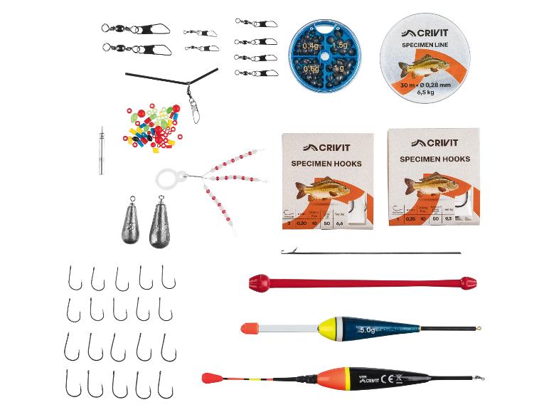 Kit de pêche avec hameçons, ligne, plombs, flotteurs et accessoires.