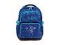 Sac à dos bleu avec motif éclaboussures colorées et dessin d'une main faisant le signe de la paix.