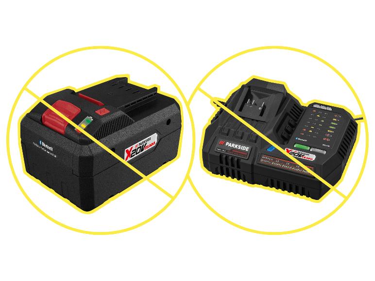 Batterie et chargeur avec indicateurs de charge et de connectivité.