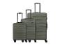 Ensemble de trois valises vert olive avec poignées télescopiques et roulettes.