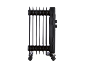 Radiateur bain d'huile noir avec roulettes et boutons de réglage latéraux.