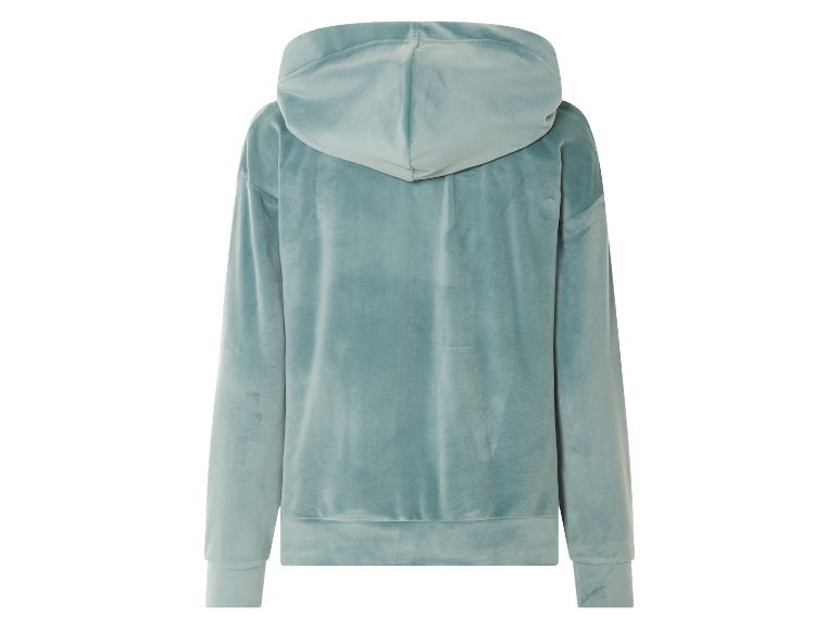Un sweat à capuche en velours turquoise clair, vu de dos.