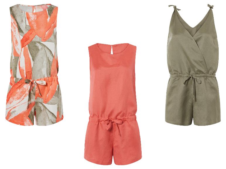 Combinaisons été : motifs floraux, corail uni, et vert olive.