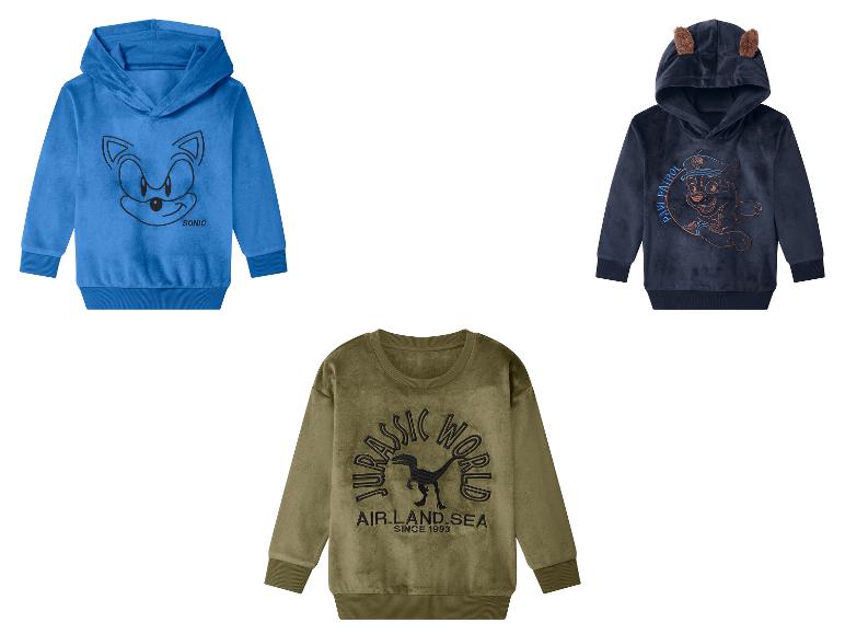Sweats à capuche pour enfants : sweat bleu Sonic, sweat bleu marine Pat' Patrouille et sweat olive Jurassic World.