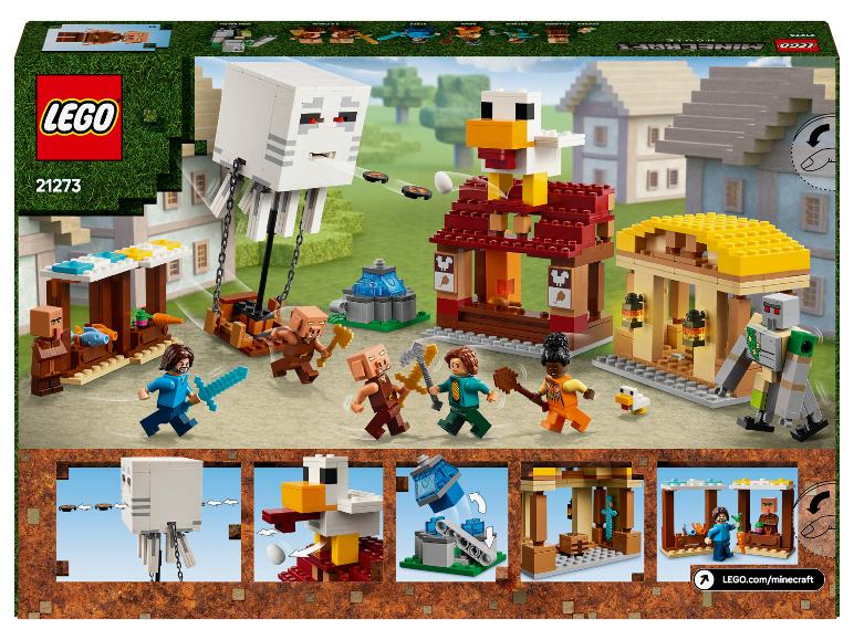 Ensemble LEGO Minecraft avec un fantôme, un poulet, des figurines et des structures du jeu.