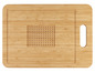Une planche à découper en bois avec une poignée et une zone gravée.